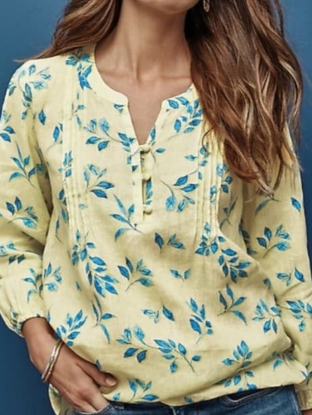 J.Jill Love Linen Light Butter Yellow Pintuck Floral Top 3X